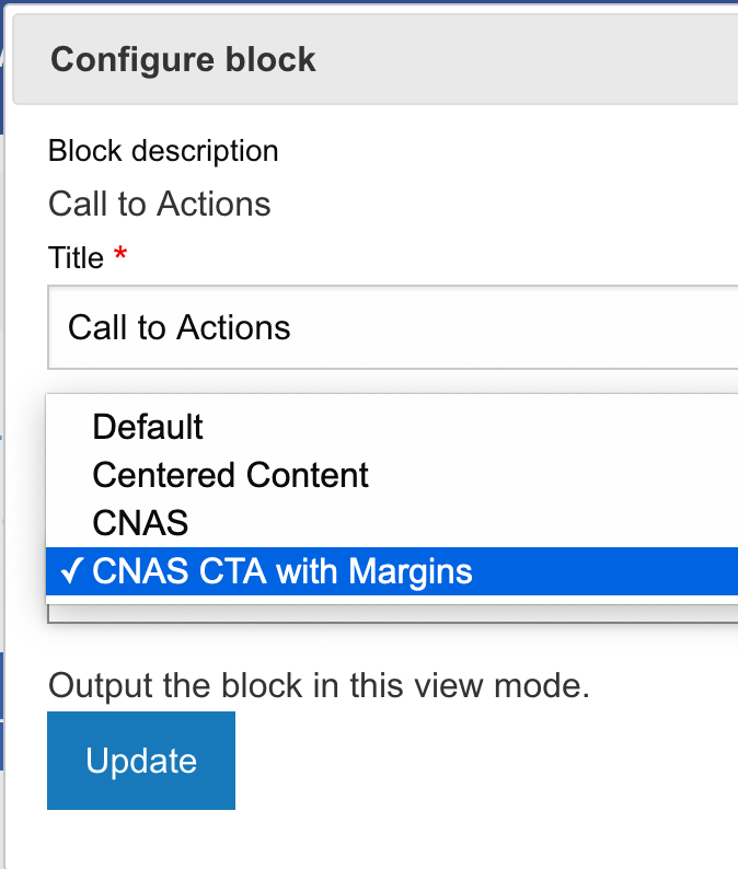 Screenshot demonstrating which View Mode should be chosen if you want margins around your CTAs