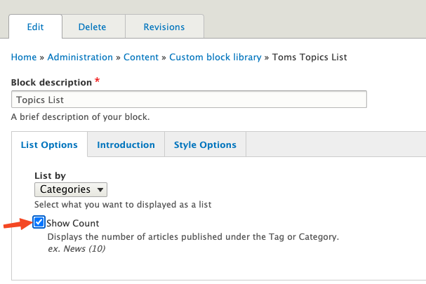 Topics List Custom Block List Show Count Checkbox