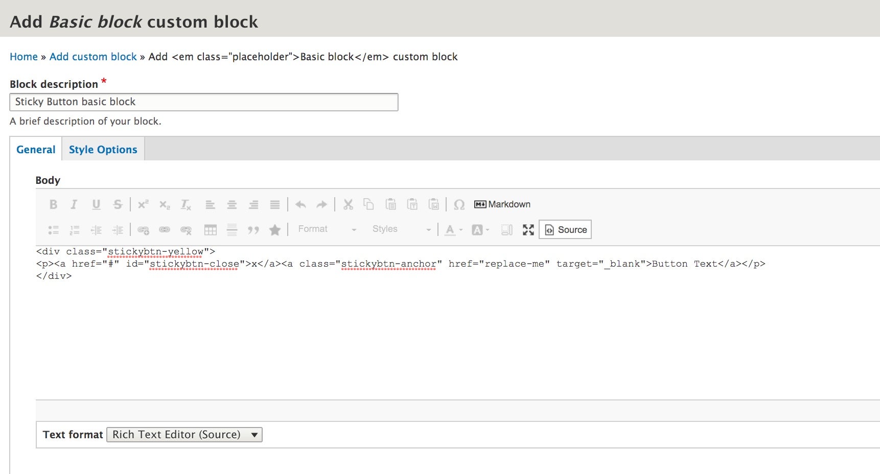 creating a basic block for a sticky button - this is the source code