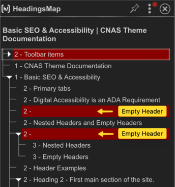 headingsMap displaying Heading choice errors on a page