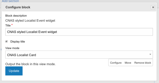 screenshot of localist events CNAS styling configuration screen correct choices