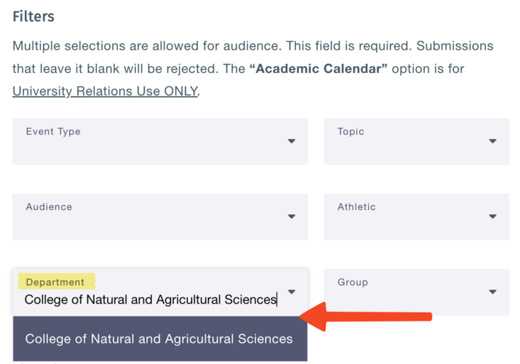 Choose College of Natural and Agricultural Sciences from the Department Drop-Down Menu